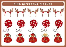 Education game for kids find the different picture printable Christmas worksheet vector