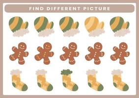 Education game for kids find the different picture printable Christmas worksheet vector