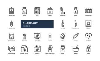 pharmacy healthcare hospital clinic cure medicine medication detailed thin line outline icon set. simple vector illustration