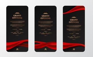 historias de medios sociales para el gran anuncio de diseño de apertura con decoración de seda satinada roja brillante con fondo negro vector