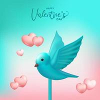 3d cute cyan blue bird lovely for valentine's day with hearth shape and cotton candy background vector