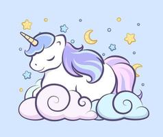 Cute unicorn sleeping on clouds in the night sky illustration wall art card print for kids. vector