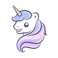 linda ilustración de vector de cabeza de unicornio feliz. Impresión de diseño de dibujos animados de criaturas míticas para niños.