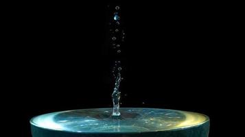 un chorro de agua azul con una gota volando desde arriba sobre un fondo negro foto