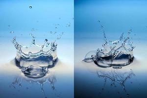 Two splashes of water on a blue background photo