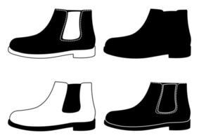 Set of outline black and white silhouette of mens chelsea boots. Model of mens shoes. Isolated vector