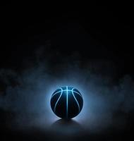 black basketball with bright blue glowing neon lines on black background with smoke. 3d render photo