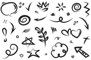 Abstract arrows, ribbons, fireworks, hearts, lightning,love , leaf, stars, cone, crowns and other elements in a hand drawn style for concept designs. Scribble illustration. vector