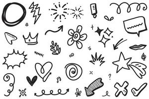 flechas abstractas, cintas, fuegos artificiales, corazones, relámpagos, amor, hojas, estrellas, conos, coronas y otros elementos en un estilo dibujado a mano para diseños conceptuales. ilustración de garabatos. vector