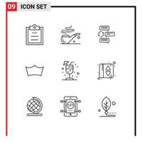 Universal Icon Symbols Group of 9 Modern Outlines of juice crypto currency conversation crypto crown Editable Vector Design Elements