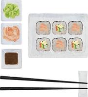 Watercolor sushi set with salmon uramaki, wasabi and ginger with vector