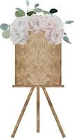 Watercolor vertical wood empty signboard with wedding composition on the top with roses and eucalyptus leaves vector