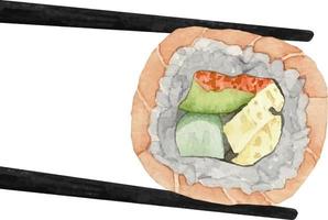 Watercolor uramaki sushi and roll with salmon and tamago between wooden chopsticks top view on white background. vector