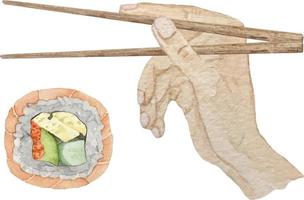 Watercolor uramaki sushi with salmon and tamago in wooden chopsticks in hand vector