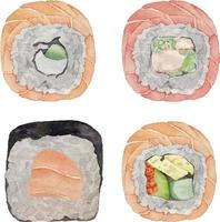 Watercolor uramaki sushi and roll with salmon and tuna top view on white background vector