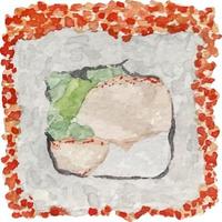 Watercolor illustration of california roll top view with on white background. vector