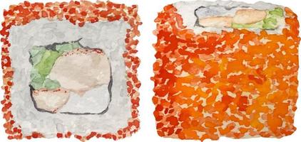 Watercolor california roll side and top view with on white background. vector