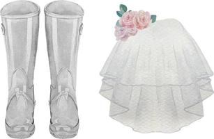 Set of watercolor wedding bride and groom accessories wellies boots, veil with boutonniere flower composition vector