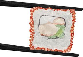 Watercolor california roll between wooden chopsticks top view on white background. vector