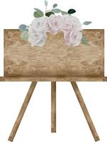 Watercolor horizontal wood empty signboard with wedding composition on the top with roses and eucalyptus leaves vector