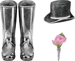 conjunto de acuarela con accesorios de boda para el novio botas de agua negras, gorra, boutonniere, pajarita vector