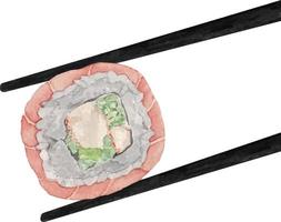 Watercolor  uramaki sushi and roll with tuna between wooden chopsticks top view on white background. vector