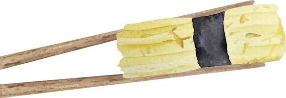 Watercolor nigiri sushi with tamago between wooden chopsticks top view on white background. vector