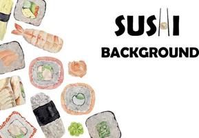 Watercolor asian background with california roll and  uramaki sushi side and top view vector