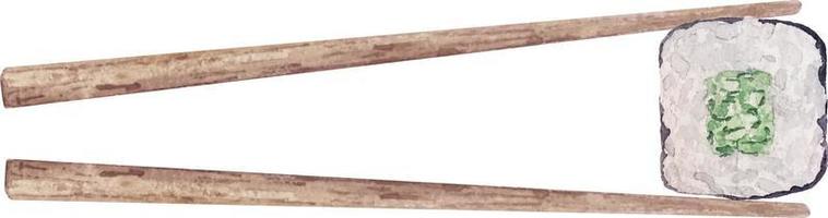 acuarela maki sushi y rollo con pepino entre palillos de madera vista superior sobre fondo blanco. vector