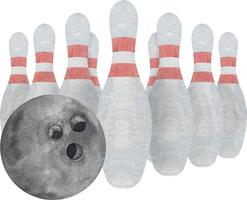 Watercolor bowling black ball and pins illustration isolated on white background vector