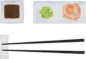 Watercolor sushi set with soy sauce, wasabi and red and white gi vector