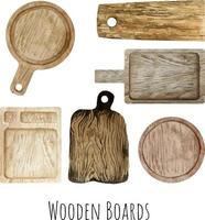 Watercolor illustration of culinary wooden brown cooking and cutting boards for the kitchen vector