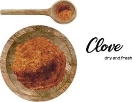 Watercolor fresh and dry clove in wooden bowl and spoon. Kitchen spices and herbs set. vector