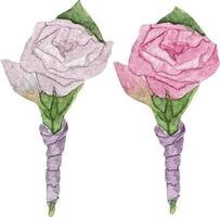 Watercolor boutonnieres with purple and pink roses and leaves. Floral boutonniere for groom wedding accessories vector