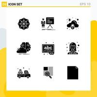 Modern Set of 9 Solid Glyphs Pictograph of abc innovation cloud idea brainstorming Editable Vector Design Elements