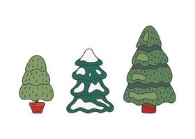 Christmas pine tree set, doodle style. Sketch tree fir green color. Vector illustration