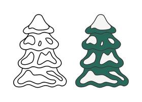Christmas pine tree with snow, doodle style. Sketch for coloring and tree fir green color. Vector illustration
