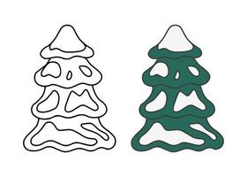 Christmas pine tree with snow, doodle style. Sketch for coloring and tree fir green color. Vector illustration