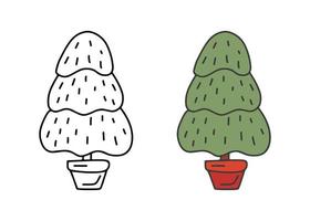 Christmas pine tree in pot, doodle style. Sketch for coloring and tree fir green color. Vector illustration