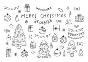 Christmas elements pine tree, garland, gift, ribbon, star set, doodle line style. Sketch design decoration. Vector illustration