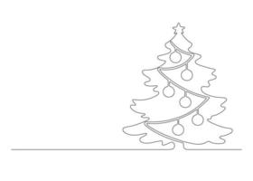 Christmas fir tree with decoration ball, continuous one line drawing silhouette. Spruce for holidays Christmas and new year in outline minimalist style. Vector illustration