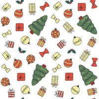 Seamless pattern for Christmas on white background with doodle elements Christmas. Pattern for gift, wrapping paper, greeting cards. Template with gift, bow, ball, mistletoe. Vector