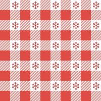 Checkered Christmas pattern with snowflakes. Seamless red gingham background. Scandinavian winter vichy backdrop. Vector holiday print