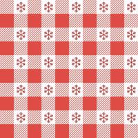 Checkered Christmas pattern with snowflakes. Seamless red gingham background. Scandinavian winter vichy backdrop. Vector holiday print