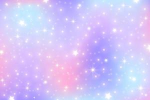 Rainbow unicorn background. Pastel gradient color sky with glitter stars. Magic pink galaxy space. Vector fairy abstract pattern.