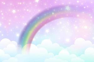 Fantasy unicorn background with clouds on rainbow sky. Magical landscape, abstract fabulous wallpaper with stars and sparkles. Arched realistic spectrum. Vector. vector