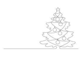 Christmas fir tree with decoration ball, continuous one line drawing silhouette. Spruce for holidays Christmas and new year in outline minimalist style. Vector illustration