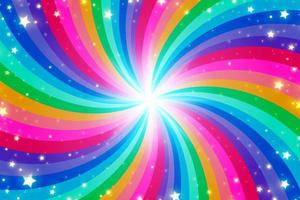 Rainbow swirl background with stars. Radial gradient rainbow of twisted spiral. Vector illustration.