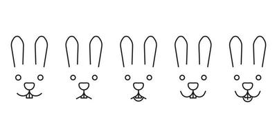 Hare face set, pet head with different emotion, line icon. Rabbit is calm, sad, surprised, happy, laughing with tongue hanging out. Leporine facial expression through ear, eye, mouth nose. Vector