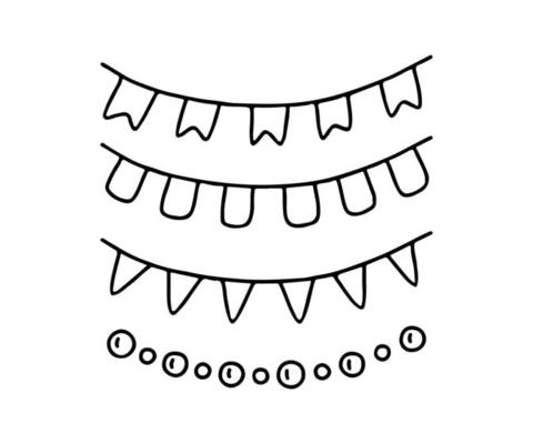Garland with flag and ribbon, doodle decoration. Hand drawing for Christmas, new year. Decorative ribbon with different flags. Vector illustration